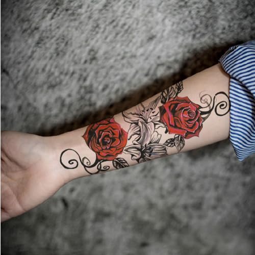 8 Sheets Waterproof Arm Body Art Temporary Tattoo Stickers Red Rose Flower Black Skull Dragon Sword Totem