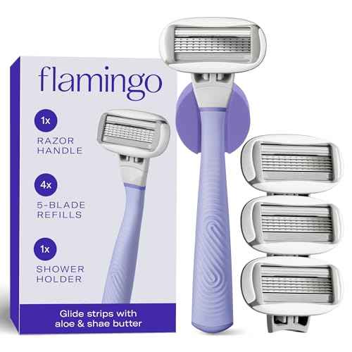 Flamingo Shaving Razor Set for Women - Original Razor Handle, 4 Blade Refills, and Shower Holder - Lilac
