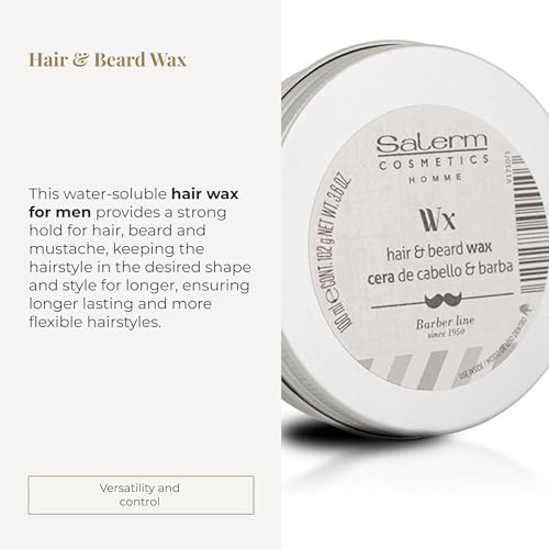 SALERM - Men's Hair Wax - Homme Barber Line - 100 ml - for Hair, Beard, and Mustache - Strong Hold and Medium Shine - with Hydrating Actives - Keeps Style Longer