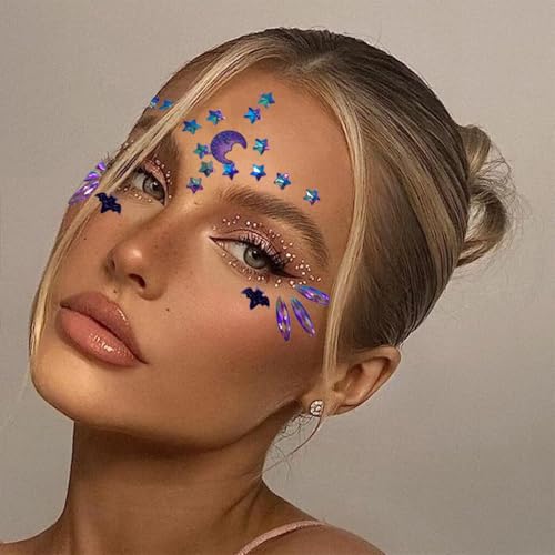 Face Gems Jewels Rhinestones for Women Makeup Festival, Self Adhesive Body Eye Rhinestones, Halloween Witch Costume Rave Party Temporary Tattoo Stickers (Purple)