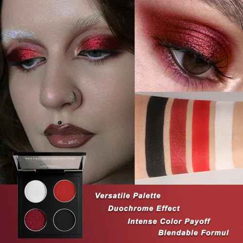 Afflano Gothic Red Makeup Eyeshadow Palette, Matte White Black Red Eye shadow, Ultra-Pigmented Chrome Red Glitter Eyeshadow, Intense Metallic Smokey Black Red Eyeshadow Palette Halloween Goth Makeup