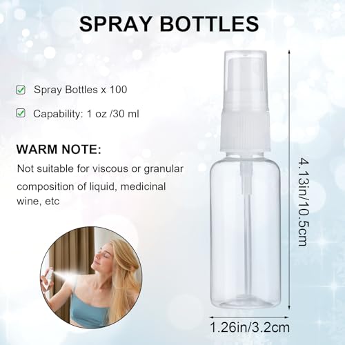 100 Pcs Mini Spray Bottles 1 oz Clear Plastic Fine Mist Spray Bottles with Small Funnels Empty Plastic Bottles Travel Bottle for Essential Oils Travel Perfumes