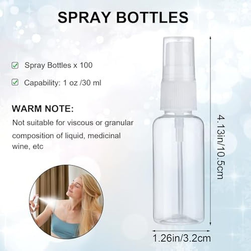 100 Pcs Mini Spray Bottles 1 oz Clear Plastic Fine Mist Spray Bottles with Small Funnels Empty Plastic Bottles Travel Bottle for Essential Oils Travel Perfumes