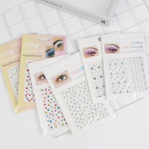6PCS Self Adhesive Face Gems Stickers Face Glitter Rhinestone Face Jewels for Women Cute Face Hair Nail Body Gems for Valentine's Day Rave Makeup Accessories