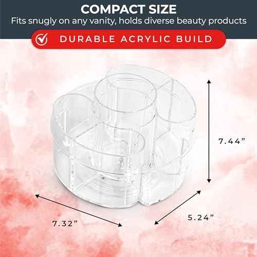 Masirs Small Rotating Makeup Organizer - Mini Yet Spacious Cosmetic Storage Solution with Multiple Compartments - The Perfect Spinning Make-Up Caddy for Vanity or Bathroom Counter (Round - Clear)