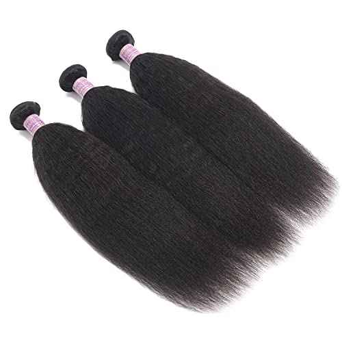 Kinky Straight Human Hair 3 Bundles 10 12 14 Inch Natural Black Yaki Straigh Brazilian Virgin Remy Hair Unprocessed Kinky Straight Human Hair Extensions (10 12 14 Inch, 3 Bundles)