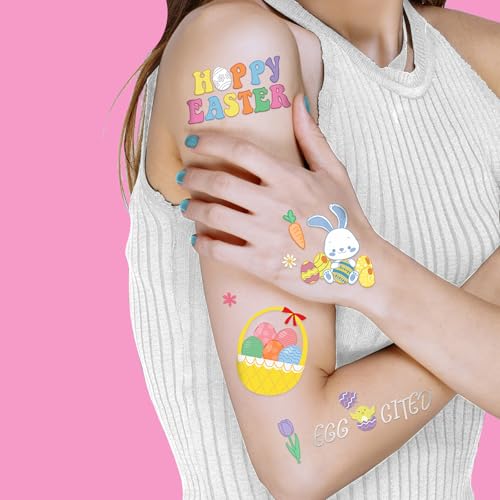 Easter Temporary Tattoos, 56 Glitter Styles Easter Bunny Decorations, Easter Egg Fillers, Easter Basket Stuffers, Easter Candy Activities Toys Crafts Art Spring