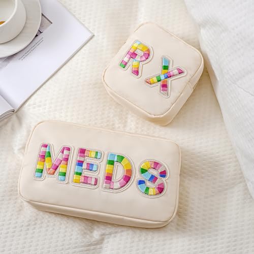 2Pcs Chenille Letter Patch Nylon Medicine Makeup Bag Set,Cute MEDS Travel Makeup Bag with Metal Zipper, First Aid Purse Organizer Cosmetic Bag for Women and Girls(MEDS and RX)