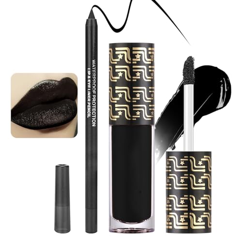 Black Matte Lipstick & Lip Liner Set - Waterproof, Long-Lasting