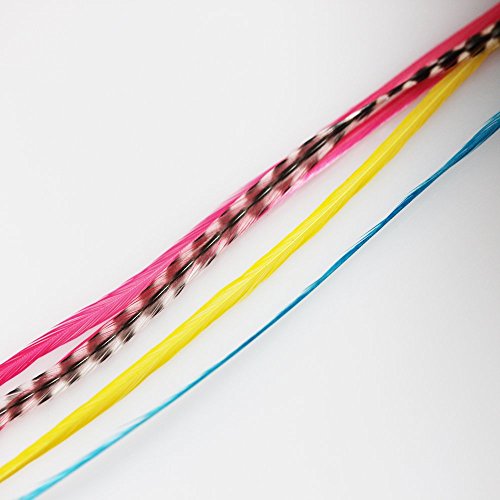 Yellow,pink,blue & Grizzly 7"-10" Feathers for Hair Extension with 2 Silicone Micro Beads 5 Feathers