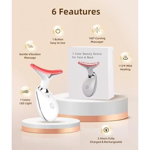 7 Color Face and Neck Massager Light Therapy, Red Light Based Facial Massager for Skin Care, Smoothing, Firming (White)