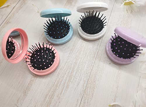 4 Pack Round Folding Travel Hair Brush with Makeup Mirror, Mini Pocket Hair Brush Comb Compact Pop Up Hair Massage Comb for for Purse Pocket Bag