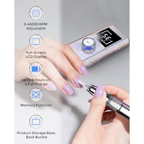 45000RPM Diamond Electric Nail File, Professional Cordless Drill Nails with 6 Bits & LED Screen, 8 Hours Use, Stepless Speed for Acrylic/Gel Nails, Salon & Home Manicure Kit