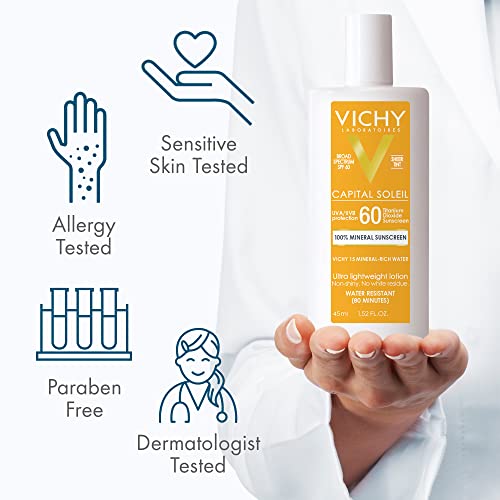 Vichy Capital Soleil Tinted Mineral Sunscreen for Face SPF 60, Titanium Dioxide Face Sunscreen, Travel Size Sunscreen, Water Resistant, Light weight Sun Protection Creams, Gels, & Lotions