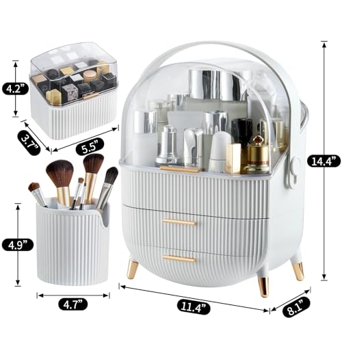 CANITORON Deluxe White Makeup Organizer with 2 Drawers & Brush Lipstick Storage