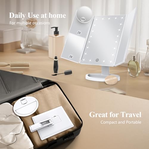 HUONUL Trifold Vanity Mirror with Lights, 2X/3X/10X Magnification