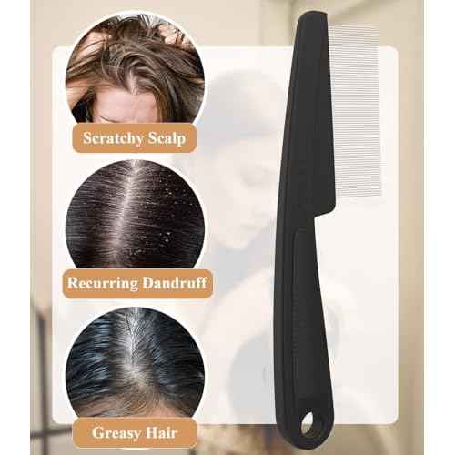 Dandruff Comb Fine Tooth Scalp Detox Comb Lice for Women, Men & Kids Stainless Steel Scalp Detoxing, Sweep & Massage Hair Brush Tool for Hair Care (Black 1PC)