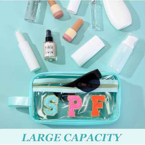 Pinkunn Chenille Letter Bag Clear Makeup Pouch Cute Preppy Letter Patch Cosmetic Bag with Zipper Nylon Waterproof Portable Travel Purse Toiletry Organizer for Appreciation Gift(Teal,Spf)