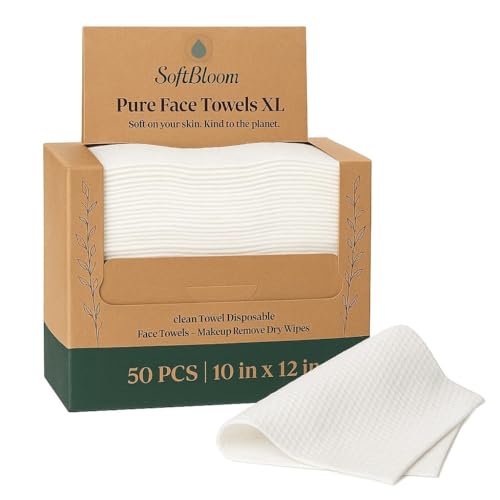 Disposable Face Towels XL for Acne-Prone & Sensitive Skin ? Ultra Soft Biodegradable Viscose Single-Use Facial Towels for Daily Skincare Hygiene & Makeup Removal ? SoftBloom (50 Count)