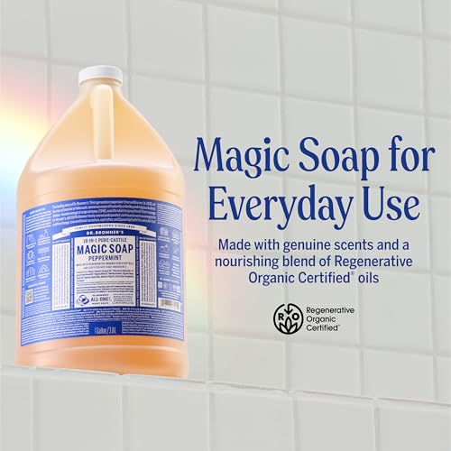 Dr. Bronner's Pure-Castile Magic Soap Liquid (Peppermint, 1 Gallon) ? Made with Regenerative Organic Certified Oils - For Face, Hair, Laundry, Dishes- Hand Soaps & Body Wash