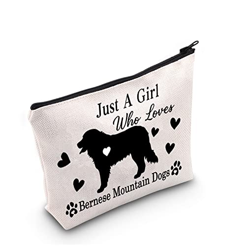 G2TUP Bernese Mountain Dog Lover Gift Who Loves Bernese Mountain Dogs Makeup Bag Bernese Mountain Mom Cosmetic Bag Dog Mama Travel Bag (Just a Girl Who Loves Bernese White Bag)
