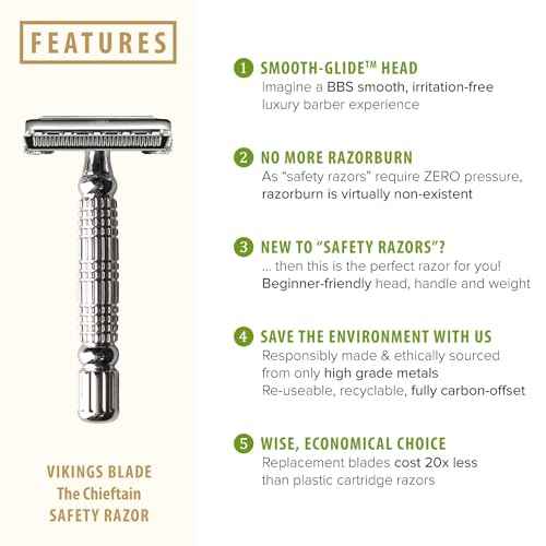 VIKINGS BLADE Double Edge Safety Razor for Men + 5 Swedish Steel Blades + Luxury Case. Smooth, Reusable, Eco-Friendly (The Chieftain)