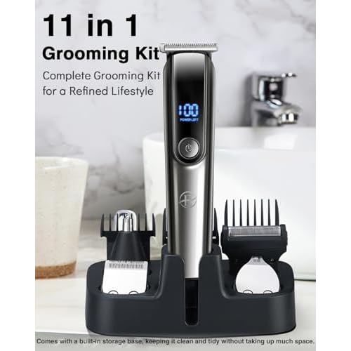 Beard Trimmer for Men - 5 in 1 Kit Electric Razor, Nose Hair Trimmer with LED Display, Cordless Mustache Body Face Grooming Kit, Rechargeable Beard Shaver (Aluminum)