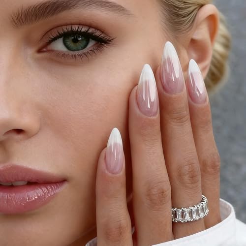 Medium Almond Press On Nails - French Tip Chrome Design False Nails Kit (24Pcs)