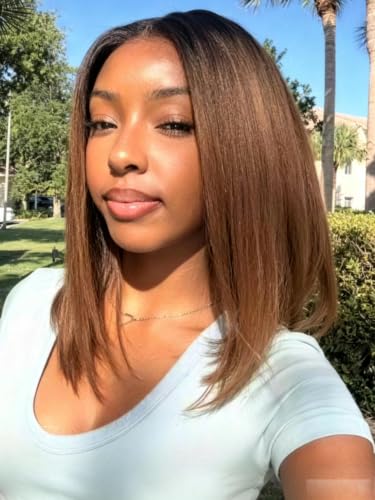 KLAIYI Yaki Straight Bob Wig 12 Inch Ombre Chestnut Brown No Slip Glueless Precut