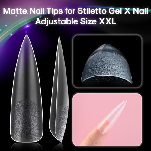 INENK No C Curve XXL Stiletto Nail Tips, Full Matte Clear Full Cover, Stiletto Flat Tips for Acrylic Nails Art Design, Salons, Home DIY Nail Extension(12 Sizes 240PCS)