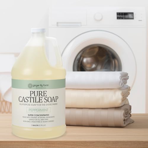 Ginger Lily Farms Botanicals Pure Castile Liquid Soap Refill, Peppermint Scent, 1 Gallon, All-Purpose Cleaner for Body, Face, Hair, Dishes, Laundry & Pets, Non-GMO, 100% Vegan & Cruelty-Free