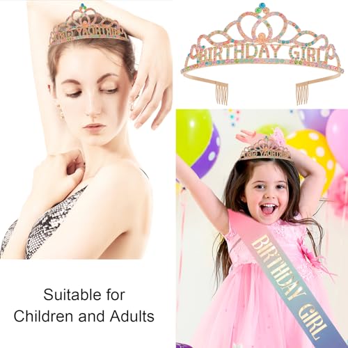 Birthday Crown and Sash Set for Women - Gold Rhinestone Tiara