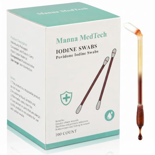 Manna MedTech Organic Cotton Iodine Swabs - First Aid Wound Care (100 Count)