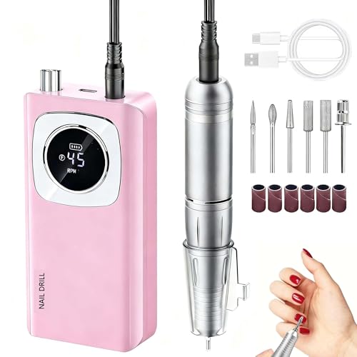Professional Electric Nail Drill 45000RPM, Portable Rechargeable Electric Nail File with LCD Display, 6 Drill Bits and Sanding Bands, Low Noise Nail Drill Kit for Acrylic Gel Nails,Salon & Home Use