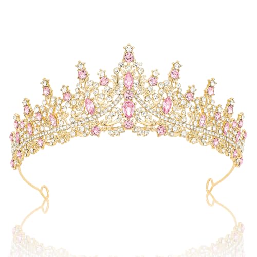 Gold Pink Rhinestone Crown Tiara for Women Wedding