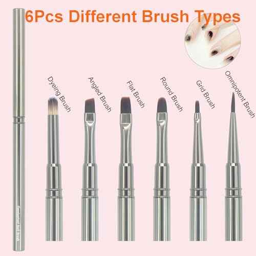 MYR 6pcs Nail Art Brushes and 2pcs Nano Nail Files, Metal Nail Art Tools, Acrylic Nail Brushes, Nail Brushes for Nail Art, suitable for Gel Dilution, Halo Dyeing, Watercolor and other Nail Design