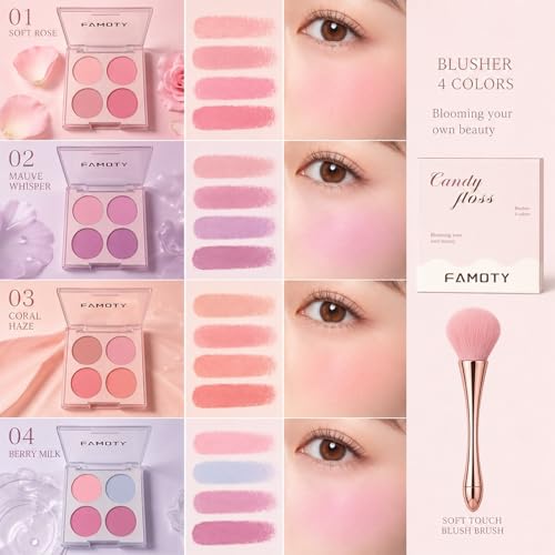 4-Color Blush Palette with Brush Set - Highly Pigmented, Blendable