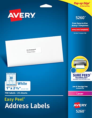 Avery Easy Peel Printable Address Labels with Sure Feed, 1" x 2-5/8", White, 750 Blank Mailing Labels for Laser Printers (5260)