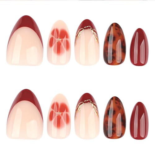 72-3D Burgundy French Gold Short Almond Press-On Nails - Tortoise Shell & Floral Design