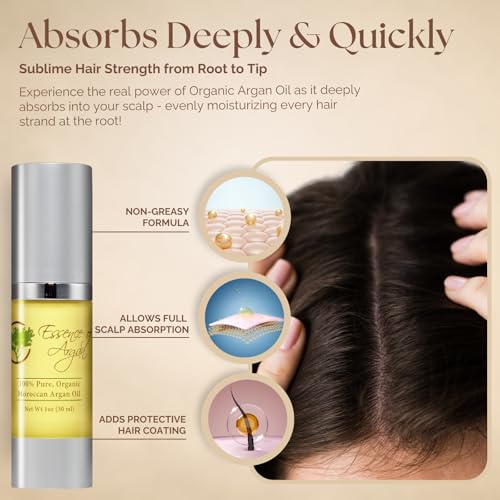 Essence Of Argan Moroccan Argan Oil for Hair, Skin & Nails - Natural Eco-Certified Cold Pressed Oil for Skin Moisturization - Non-Greasy Formula for Hair and Nail Growth - 1 Oz /30ml