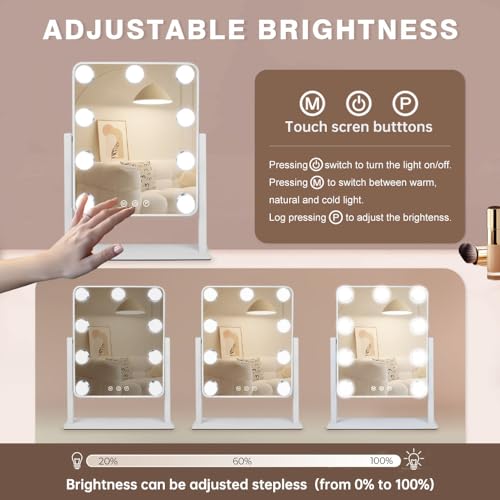 Hollywood Vanity Mirror with Lights,Tabletop Makeup Mirror with 9 LED Lights Smart Touch Control 3 Colors Light 360¡ÆRotation Detachable 10X Magnification