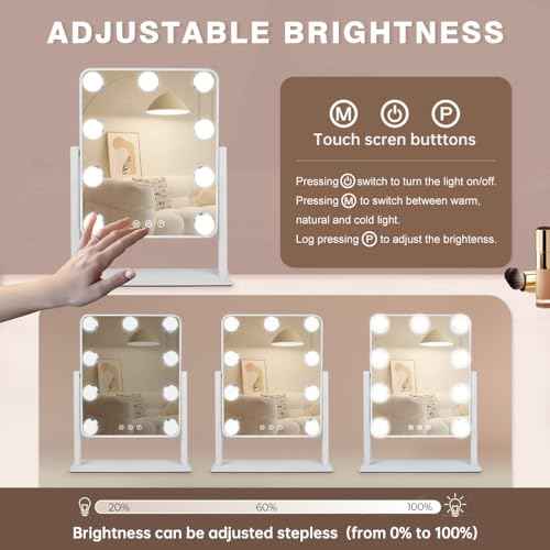 Hollywood Vanity Mirror with Lights,Tabletop Makeup Mirror with 9 LED Lights Smart Touch Control 3 Colors Light 360¡ÆRotation Detachable 10X Magnification