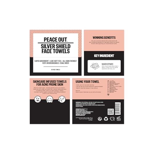 PEACE OUT Silver Shield Face Towels, Disposable Facial Towels for Sensitive Skin, Silver Citrate Infused, Dual Sided, Super Absorbent, Biodegradable, 30 Count