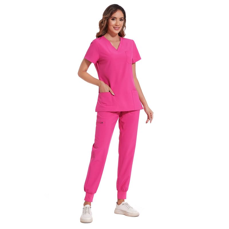 COZYFIT Scrubs for Women Set - Stretch V-Neck Scrub Top & Jogger Pant with 8 Pockets, Yoga Waistband, Anti Wrinkle, Slim Fit Women Scrubs - Hot Pink, XS