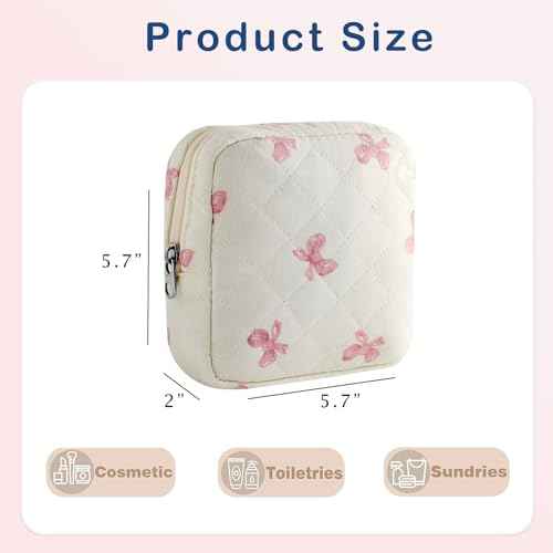Small Quilted Cosmetic Pouch for Purse, Mini Cotton Makeup Bag with Compartments, Cute Zipper Lipstick Holder for Women (03White Bow)