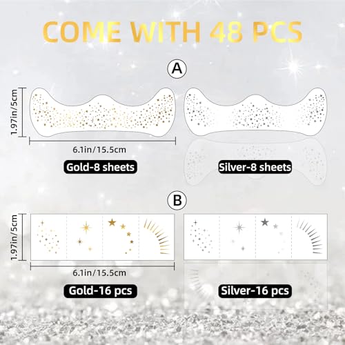 Glitter Freckles Face Tattoo, 48PCS Gold and Silver Temporary Tattoos, Sparkle Freckles for Women, Waterproof Body Glitter Makeup Patches, Country Concerts Singer Festival Mardi Gras Rave Outfit