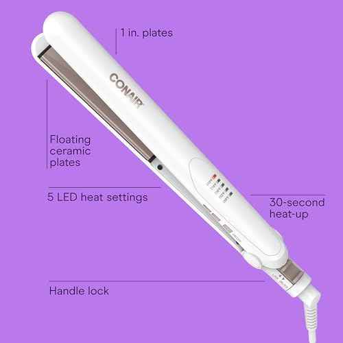 Conair Double Ceramic Flat Iron, 1-Inch Flat Iron Hair Straightener with Claw Clip, 5 Heat Settings, Extra-Long Floating Plates, White
