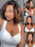 KLAIYI Ombre Brown Yaki Straight Bob Wig Human Hair 14" Glueless
