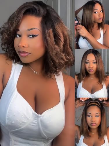 KLAIYI Ombre Brown Yaki Straight Bob Wig - 14Inch Glueless Human Hair