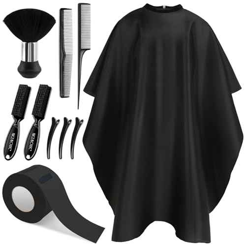 NICEMOVIC 10 in 1 Hair Cutting Barber Cape with Neck Duster Brush Barber Brush Neck Strips Hair Combs Hair Clips, Professional Barber Accessories Cleaning Supplies for Salon Haircut Styling (Black)